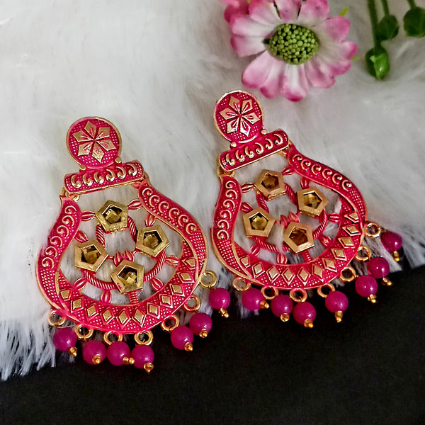 Woma Matte Pink Meenakari Dangler Beads Drop Earrings