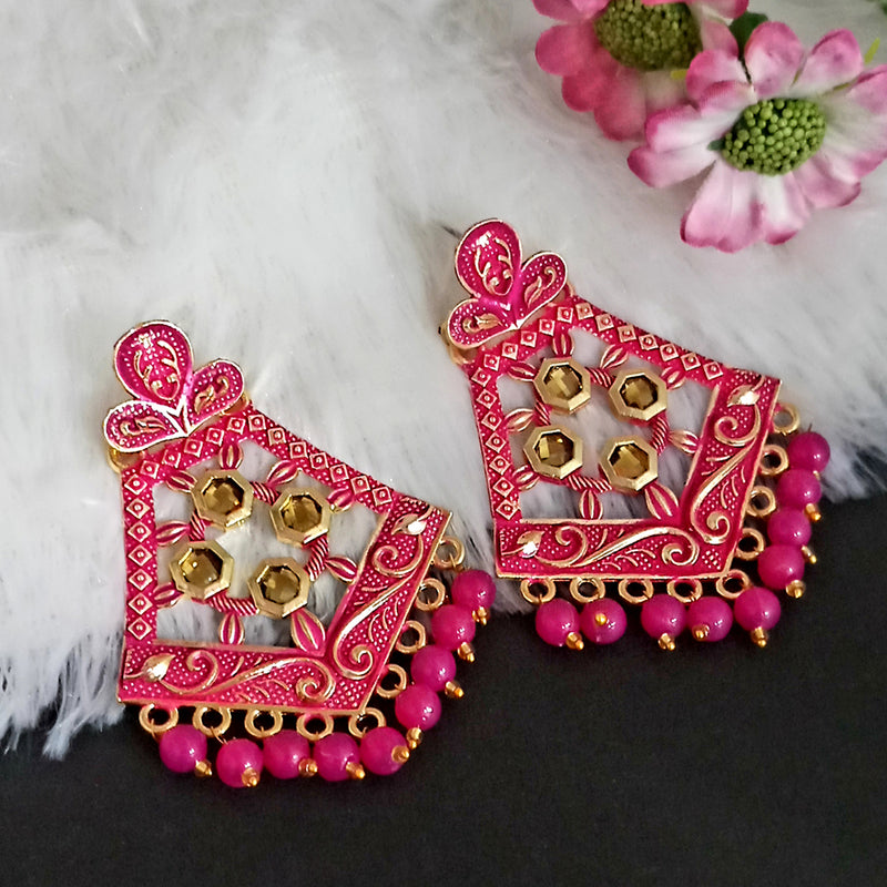 Woma Matte Pink Meenakari Dangler Beads Drop Earrings