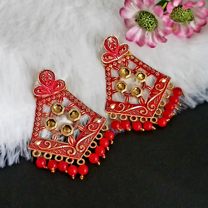 Woma Matte Red Meenakari Dangler Beads Drop Earrings