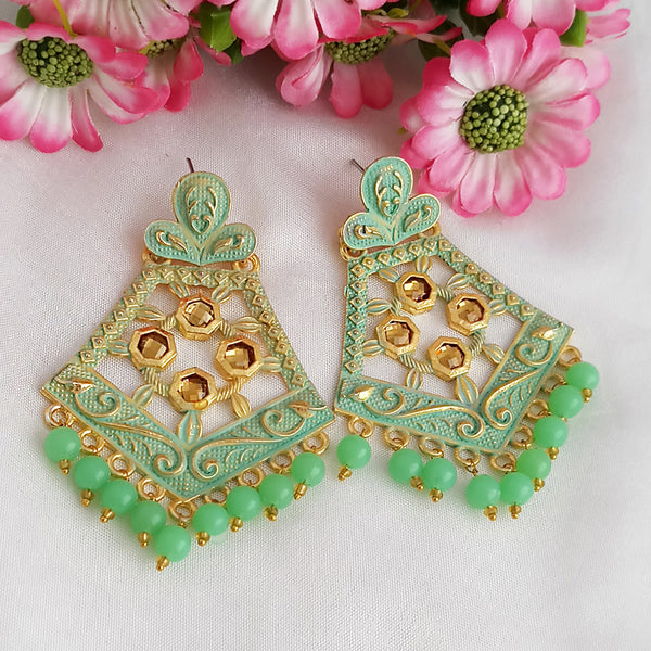 Woma Matte Green Meenakari Dangler Beads Drop Earrings