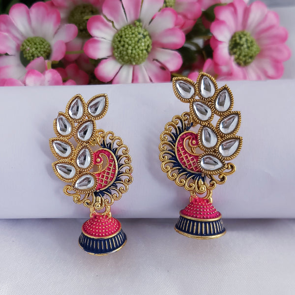 Woma Pink Matte Meenakari Peacock Kundan Jhumki Earrings