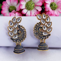 Woma Black Matte Meenakari Peacock Kundan Jhumki Earrings