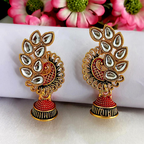 Woma Maroon Matte Meenakari Peacock Kundan Jhumki Earrings