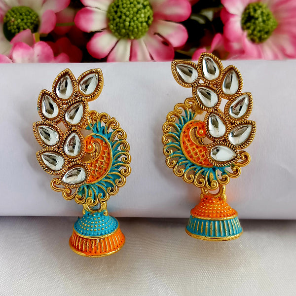 Woma Orange Matte Meenakari Peacock Kundan Jhumki Earrings