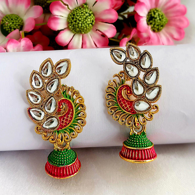 Woma Matte Green Meenakari Peacock Kundan Jhumki Earrings