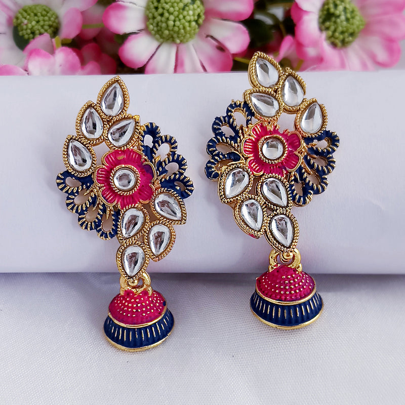 Woma Pink Matte Meenakari Floral Kundan Jhumki Earrings