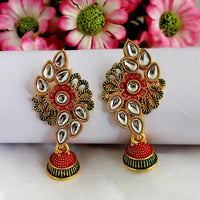 Woma Red Matte Meenakari Floral Kundan Jhumki Earrings