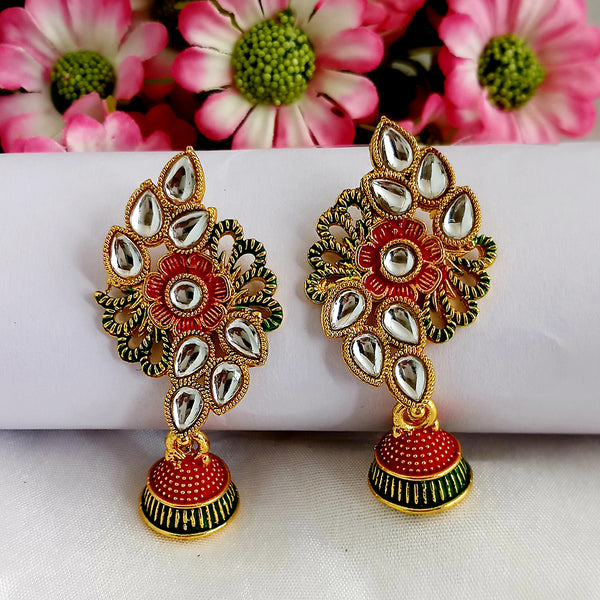 Woma Red Matte Meenakari Floral Kundan Jhumki Earrings