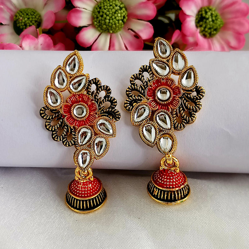 Woma Matte Red Meenakari Floral Kundan Jhumki Earrings