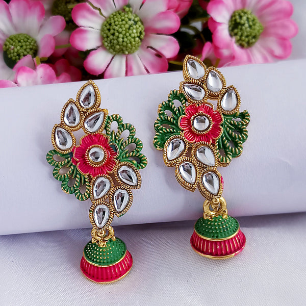 Woma Matte Floral Meenakari Floral Kundan Jhumki Earrings