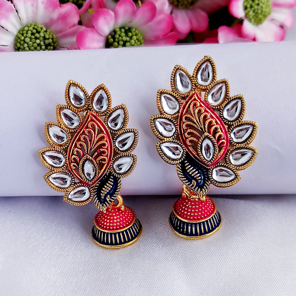 Woma Pink Matte Meenakari Leaf Kundan Jhumki Earrings