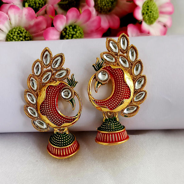 Woma Matte Red Meenakari Peacock Kundan Jhumki Earrings