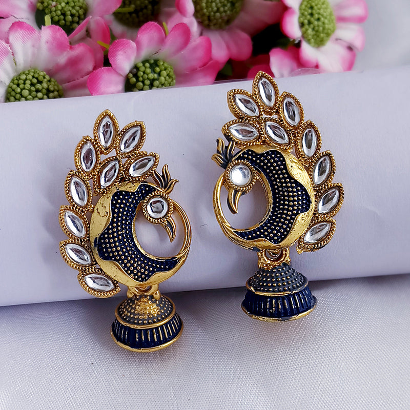 Woma Matte Black Meenakari Peacock Kundan Jhumki Earrings