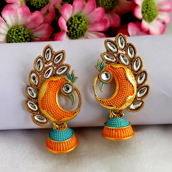 Woma Orange Matte Meenakari Peacock Kundan Jhumki Earrings