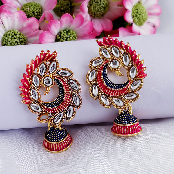 Woma Matte Pink Meenakari Peacock Kundan Jhumki Earrings