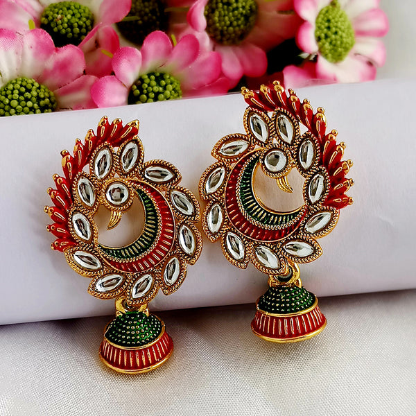 Woma Matte Red Meenakari Peacock Kundan Jhumki Earrings