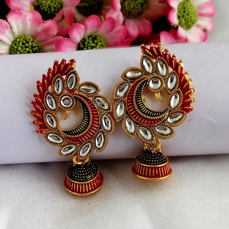 Woma Matte Red and Black Meenakari Peacock Kundan Jhumki Earrings