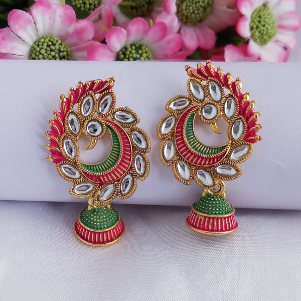 Woma Matte Pink Meenakari Peacock Kundan Jhumki Earrings