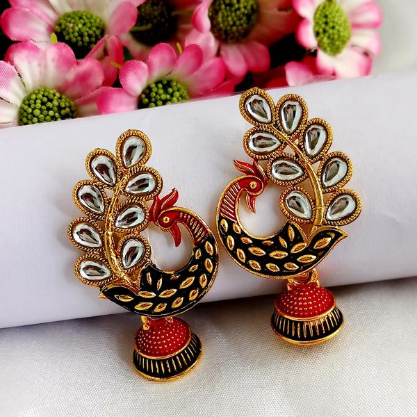 Woma Matte Black Meenakari Peacock Kundan Jhumki Earrings