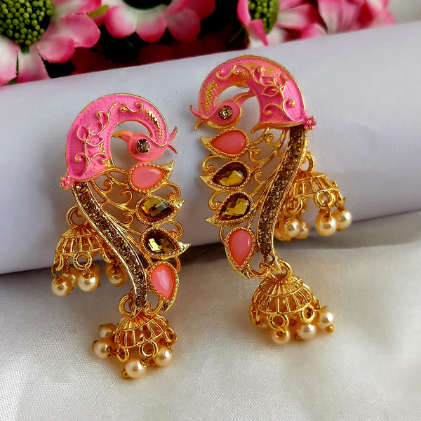 Woma Pink Matte Meenakari Peacock Jhumki Earrings