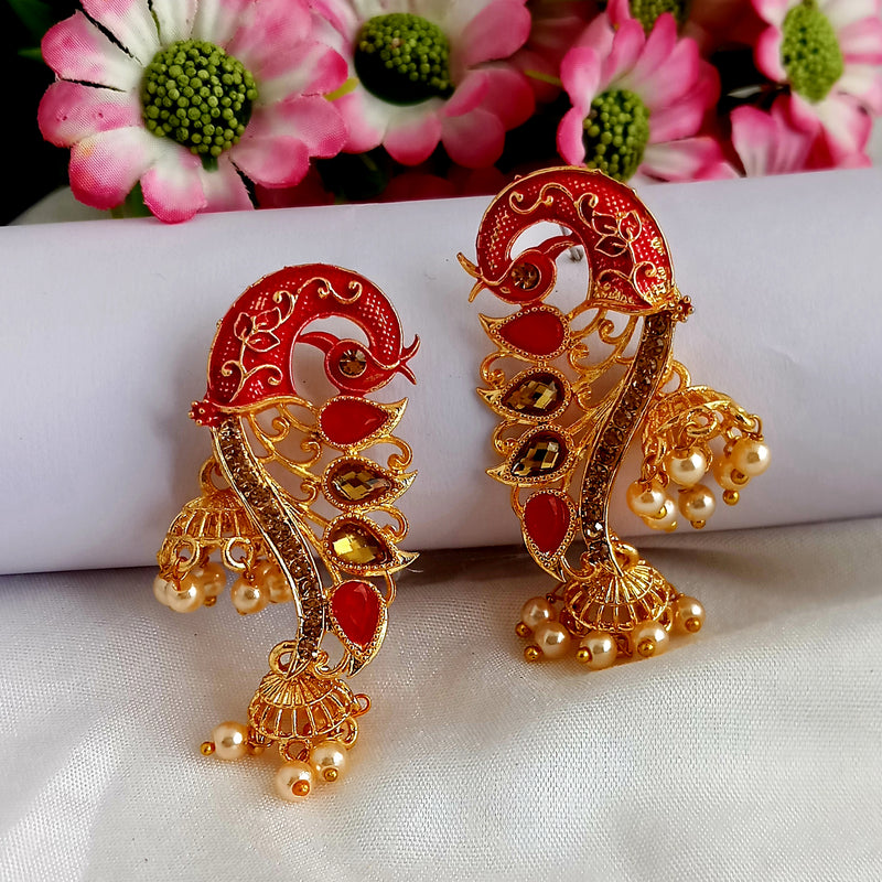 Woma Matte Red Meenakari Peacock Jhumki Earrings