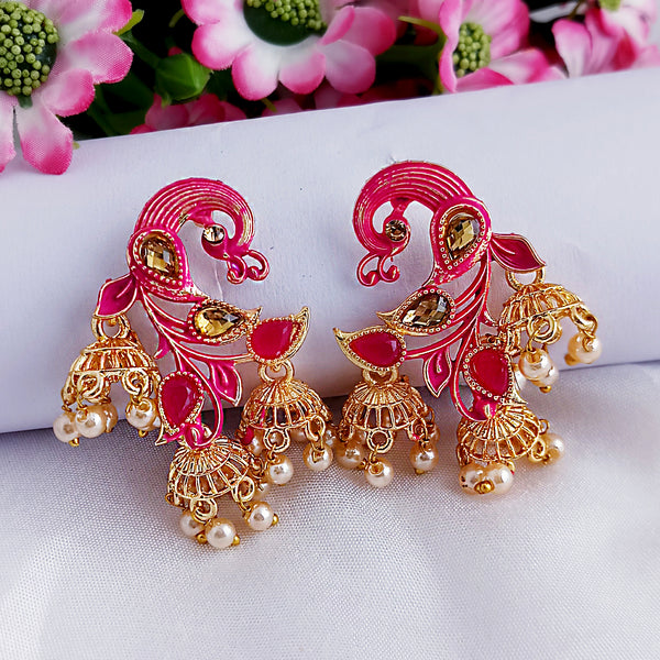 Woma Matte Pink Meenakari Peacock Jhumki Earrings