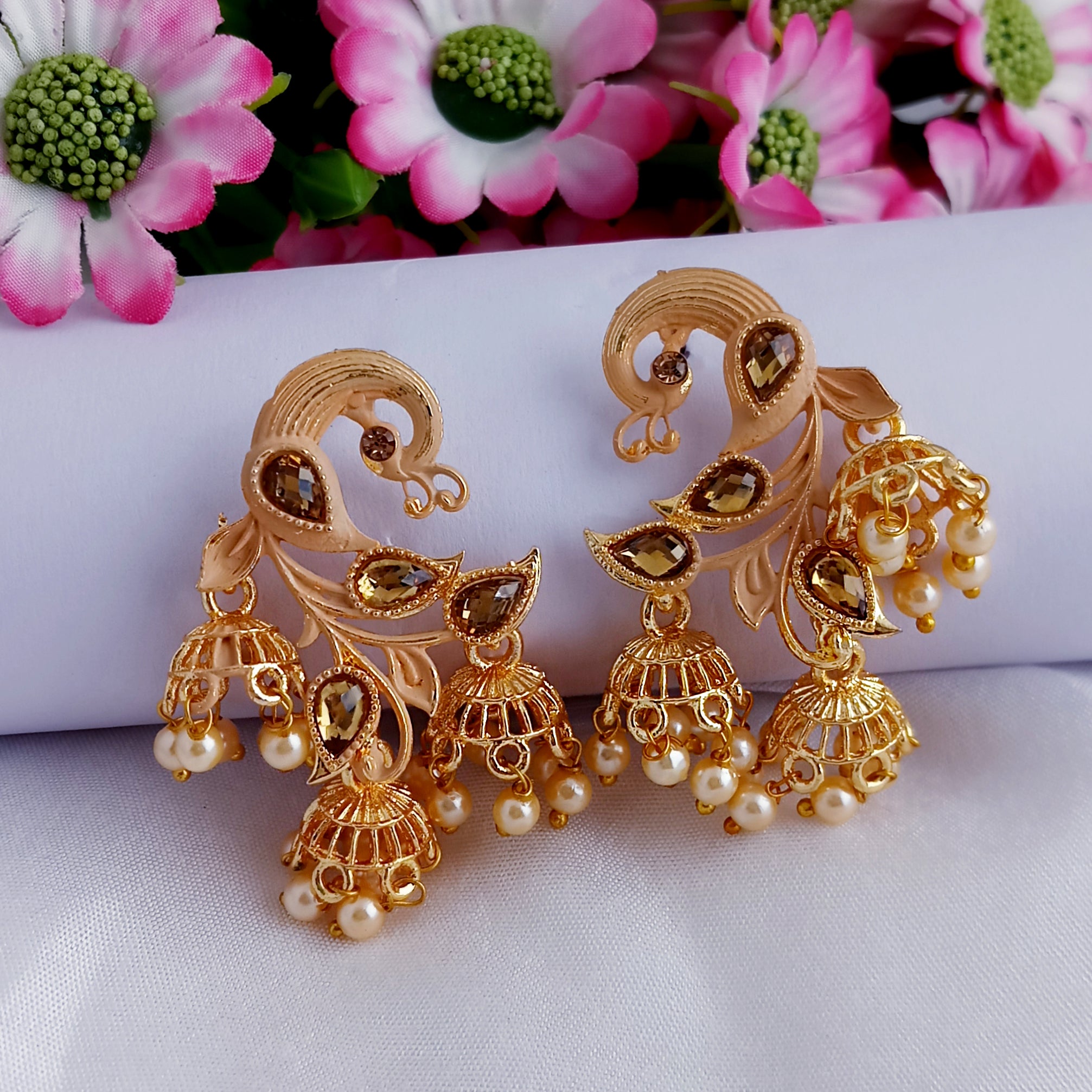 Woma Cream Matte Meenakari Peacock Jhumki Earrings