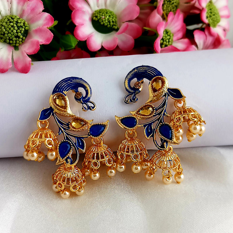 Woma Matte Blue Meenakari Peacock Jhumki Earrings