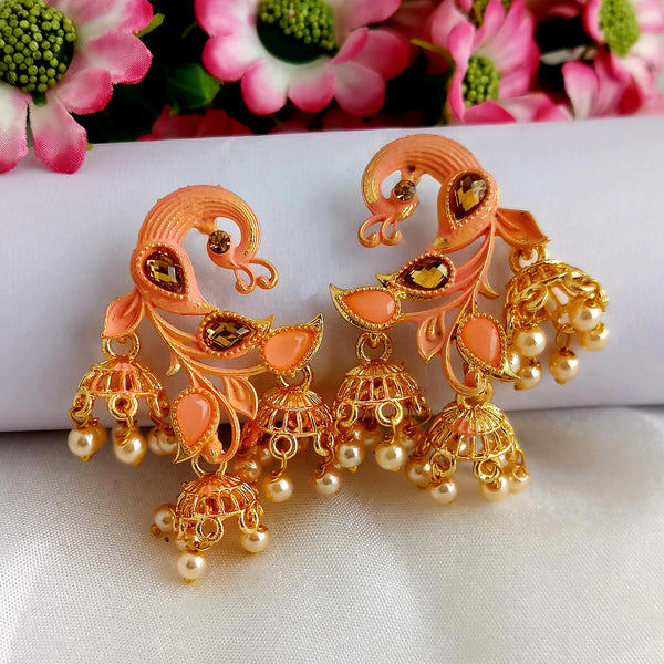 Woma Orange Matte Meenakari Peacock Jhumki Earrings