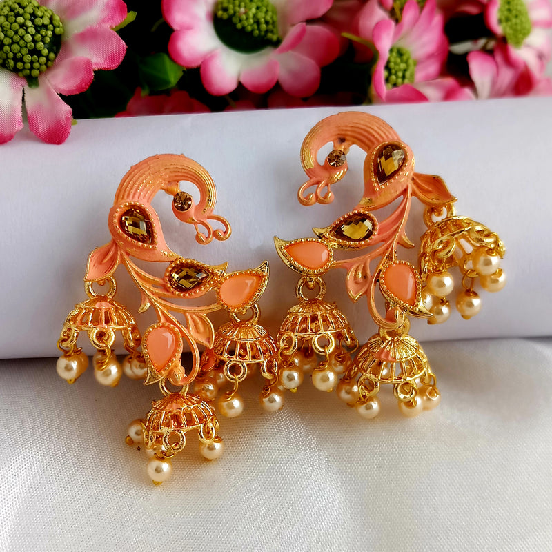 Woma Orange Matte Meenakari Peacock Jhumki Earrings