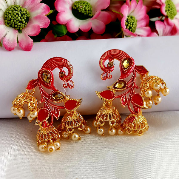 Woma Matte Red Meenakari Peacock Jhumki Earrings