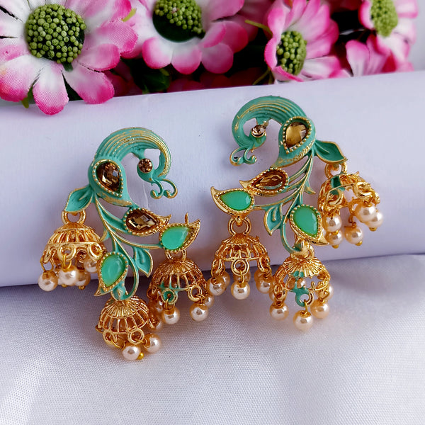 Woma Matte Green Meenakari Peacock Jhumki Earrings