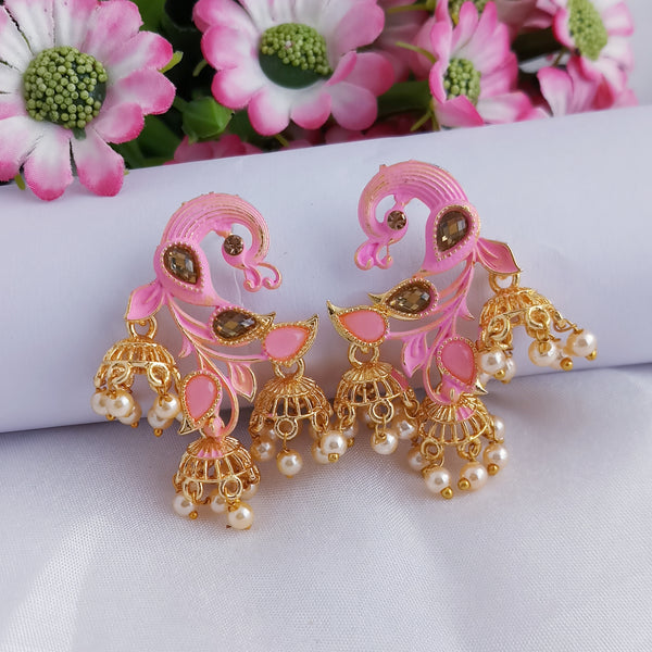 Woma Matte Pink Meenakari Peacock Jhumki Earrings