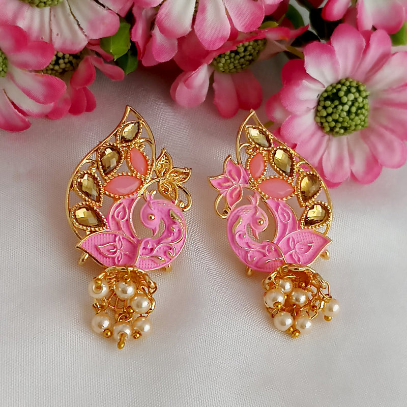 Woma Pink Matte Meenakari Kundan Peacock Earrings