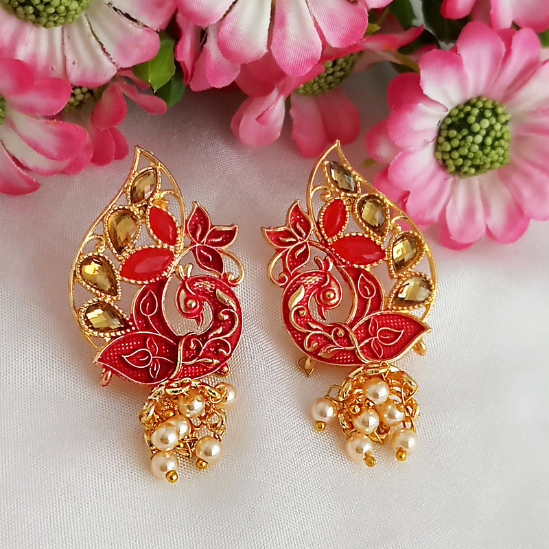 Woma Matte Red Meenakari Kundan Peacock Earrings