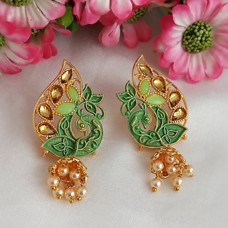 Woma Matte Green Meenakari Kundan Peacock Earrings