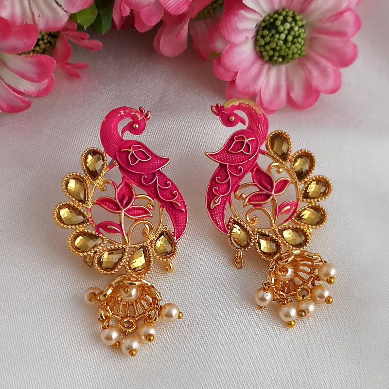 Woma Matte Pink Meenakari Kundan Peacock Earrings