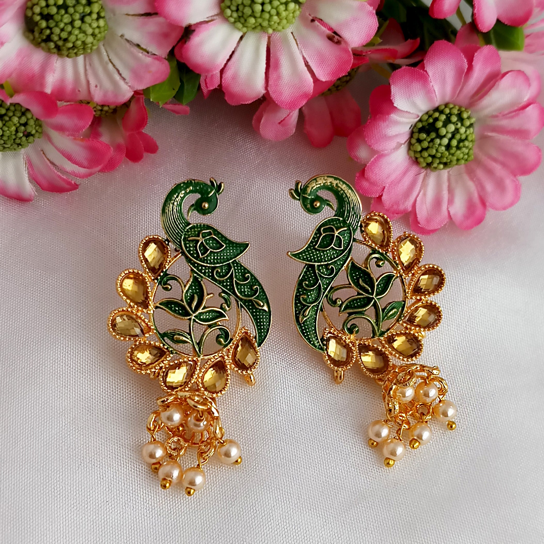 Woma Matte Green Meenakari Kundan Peacock Earrings