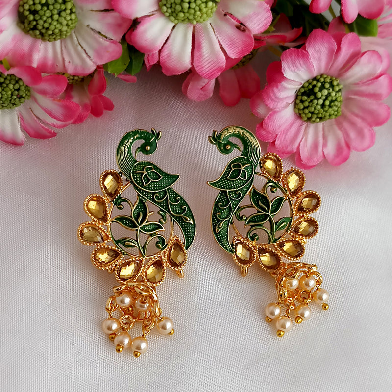 Woma Matte Green Meenakari Kundan Peacock Earrings