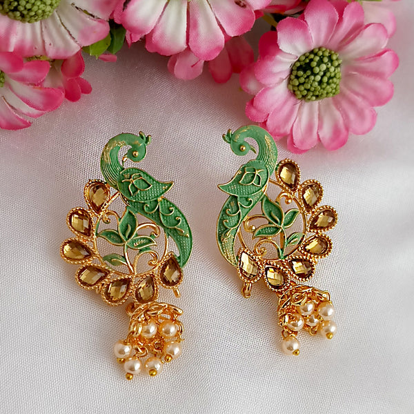 Woma Matte Green Meenakari Kundan Peacock Earrings