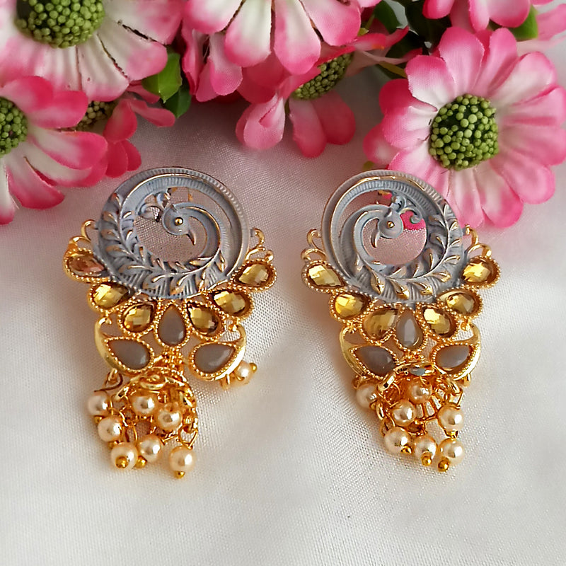 Woma Matte Grey Meenakari Kundan Peacock Earrings