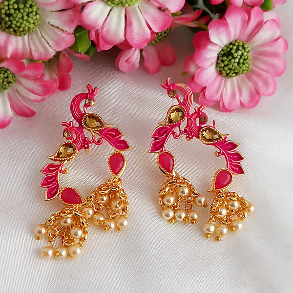 Woma Matte Pink Meenakari Kundan Peacock Earrings