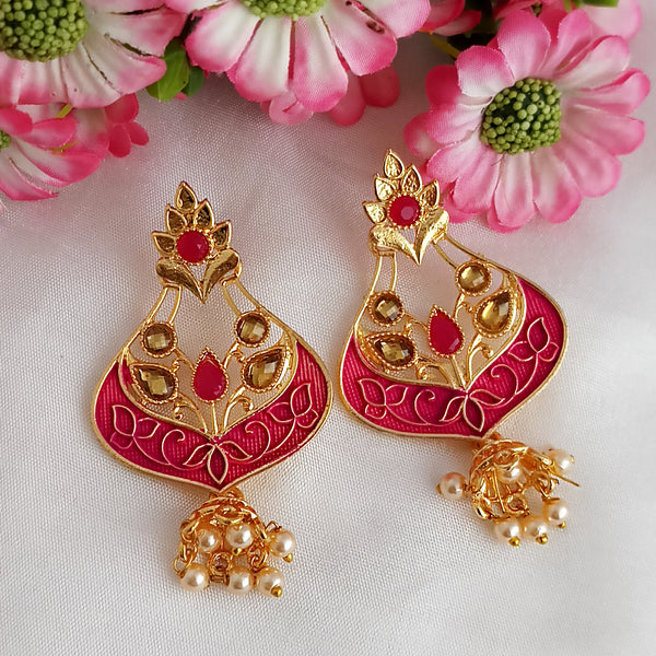 Woma Matte Pink Meenakari Kundan Peacock Earrings