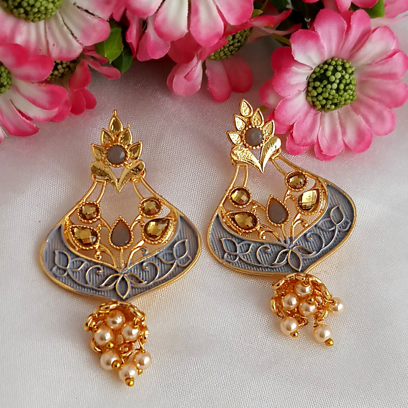 Woma Matte Grey Meenakari Kundan Peacock Earrings