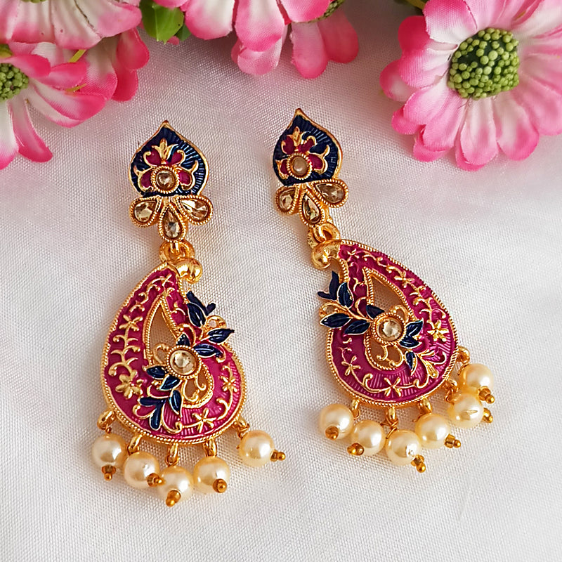 Woma Gold Plated Matte Pink Meenakari Kundan Earrings