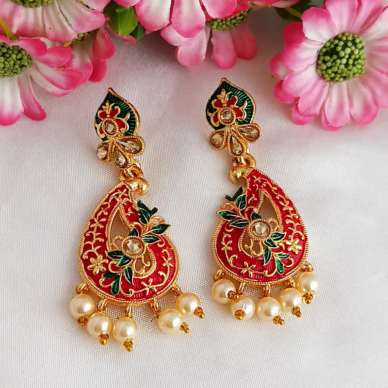 Woma Gold Plated Matte Red Meenakari Kundan Earrings