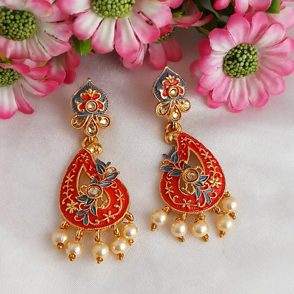 Woma Gold Plated Matte Red Meenakari Kundan Earrings