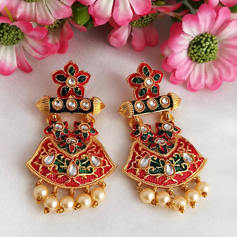 Woma Gold Plated Matte Red Meenakari Kundan Earrings