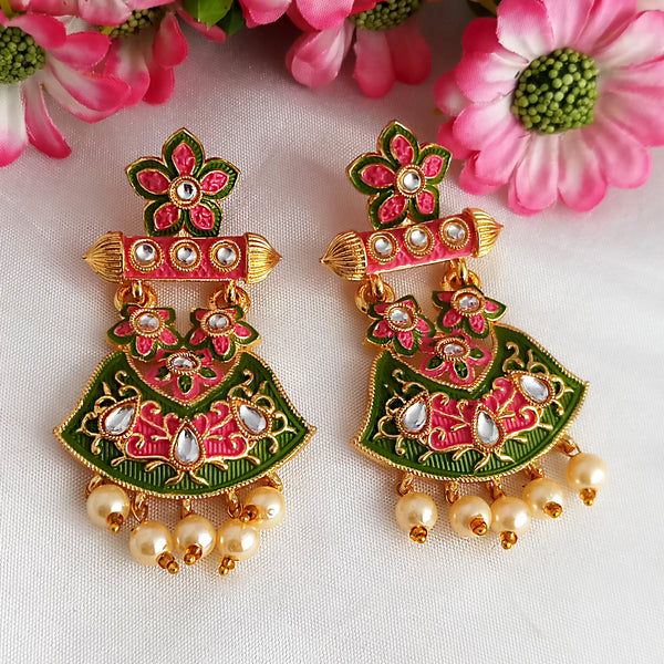 Woma Gold Plated Matte Green Meenakari Kundan Earrings