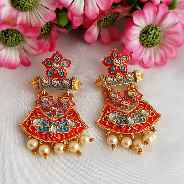 Woma Gold Plated Matte Red Meenakari Kundan Earrings